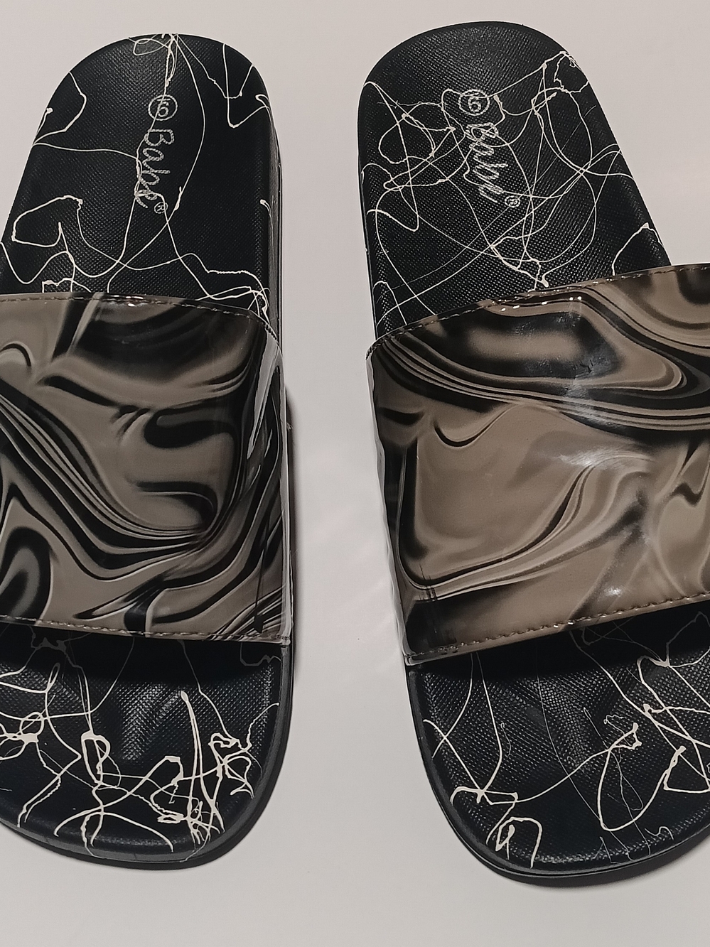 Black Marble-Print Slide Sandals - Women Size 9